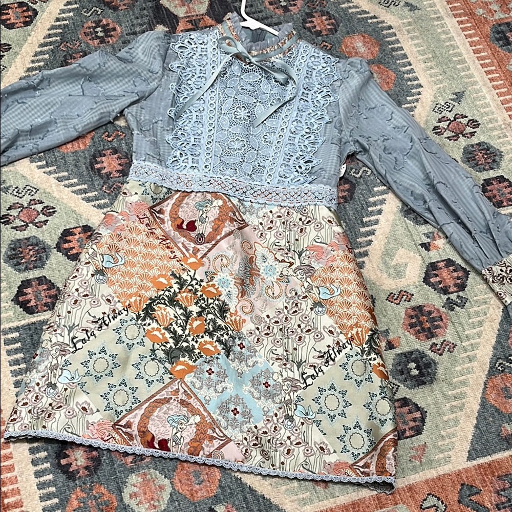 Floral Patchwork Dress - Blue and Orange
